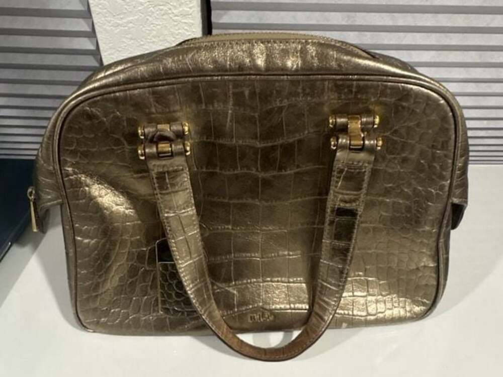 Lauren Ralph Lauren Crocodile-Embossed Metallic Gold Leather Satchel Handbag